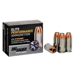 Elite performance ammunition sig v-crown box with three copper-jacketed hollow point cartridges on display.