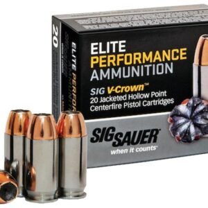 Box of sig sauer elite performance ammunition sig v-crown 20 jacketed hollow point centerfire pistol cartridges with copper and silver bullets, displayed next to the packaging.