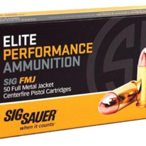 Box of sig sauer elite performance ammunition with copper-colored bullets and black and orange packaging, labeled "50 full metal jacket centerfire pistol cartridges," emphasizing firearms and ammo in casey, iowa.