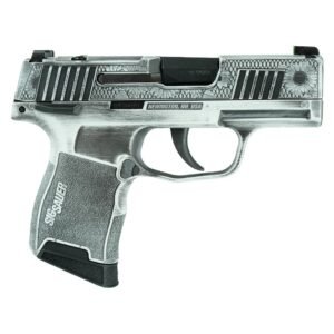 Silver and black sig sauer pistol with intricate engravings on the slide.