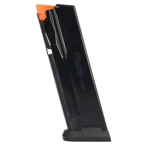 Black sig sauer 9mm magazine with an orange follower.