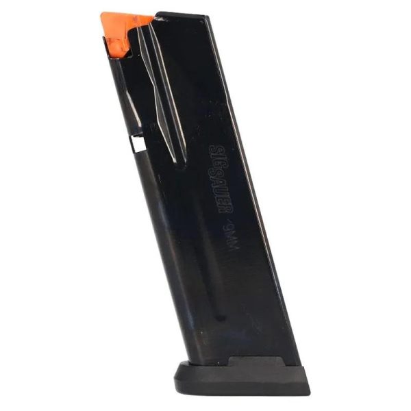 Black sig sauer 9mm magazine with an orange follower.