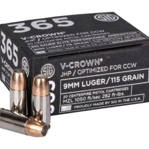 Sig sauer v-crown jhp 9mm luger ammo box with copper-tipped cartridges, marked "115 grain" and "optimized for ccw" in bold white text.