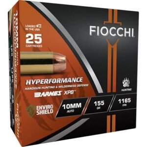 Fiocchi hyperformance 10mm auto ammunition box, orange and black design, 25 cartridges, featuring barnes xpb, 155 gr, 1165 fps, labeled for handgun hunting and wilderness defense.