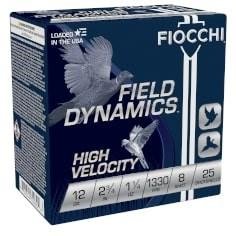 Fiocchi field dynamics high velocity ammo box, blue with white text and bird graphics, showing specifications like 12 gauge, 2 3/4 inch, 1 1/8 ounce, 1330 fps, 8 shot, 25 rounds, related to firearms and guns in casey, iowa.