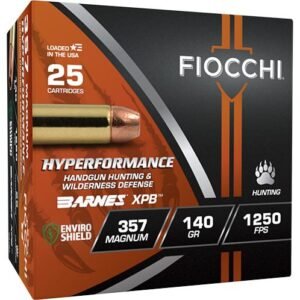 Box of fiocchi hyperformance handgun ammo featuring a copper bullet with brass casing. Contains 25 cartridges of. 357 magnum, 140gr, 1250 fps, for hunting and defense.