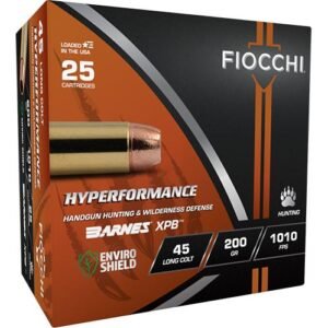 Fiocchi hyperformance ammunition box in black and orange, labeled for handgun hunting and wilderness defense, containing 25 cartridges of. 45 long colt, 200 grain, 1010 fps.