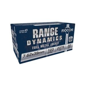 Box of fiocchi range dynamics 7. 62x39mm full metal jacket ammo, blue and white packaging, 50 rounds, with specs printed in white.