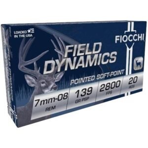 Alt text: "fiocchi field dynamics 7mm-08 rem ammo box with deer illustration, pointed soft-point, 139 grain, 2800 fps, 20 rounds, blue and white packaging. "