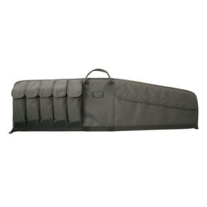 Dark green gun case with five ammo pouches and a carrying handle, suitable for firearms and ammunition.