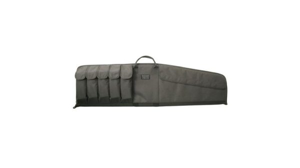 Dark green gun case with five ammo pouches and a carrying handle, suitable for firearms and ammunition.