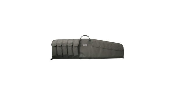 Olive green tactical gun bag with multiple pockets, designed for firearms and ammunition storage, featuring a carrying handle.