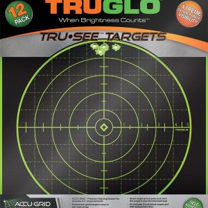 Fluorescent green shooting target with grid lines on black background, labeled "TRUGLO Tru-See Targets," with clustered bullet impacts at the top.