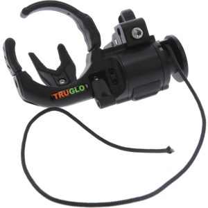 Black TruGlo arrow rest with a curved design and attached black cord, featuring the white and orange TruGlo logo.