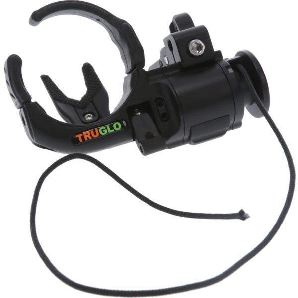 Black truglo arrow rest with a curved design and attached black cord, featuring the white and orange truglo logo.