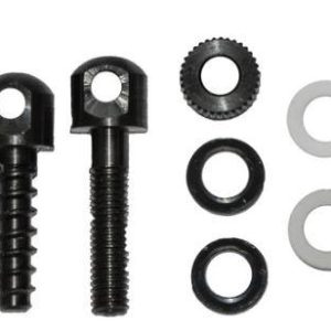 Black screws, washers, and o-rings on a white background.