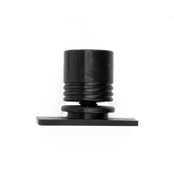 Black firearm accessory component, cylindrical with threaded segments, against a white background.