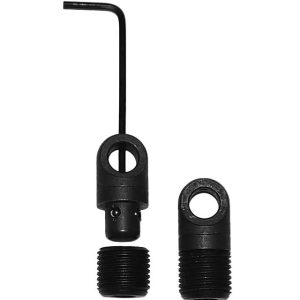 Black firearm accessory attachments with hex wrench, featuring threaded and open circular ends, related to guns and ammo in Casey, Iowa.