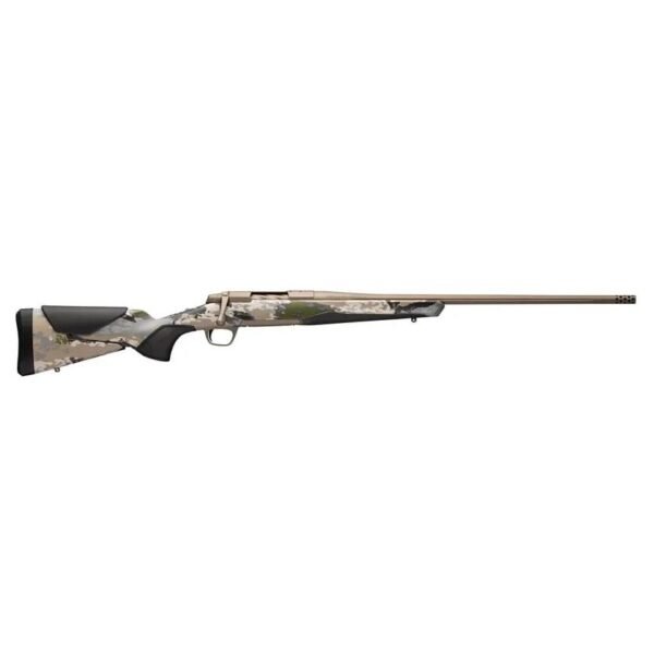 Camouflage bolt-action rifle with a matte black barrel and a synthetic stock featuring a tan, green, and brown digital camo pattern.