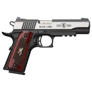 Black and silver handgun with wood grip details, featuring "black label 1911 380" and a decorative emblem.