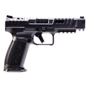 Black canik pistol with textured grip and sleek design details.