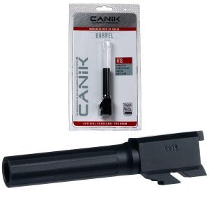 Black Canik firearm barrel for 9x19 model in packaging with white and red labeling.