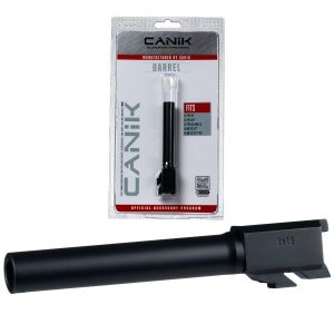Black Canik barrel and packaging for firearms accessories.