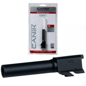 Black Canik pistol barrel in packaging, labeled for specific gun models, against a white background.