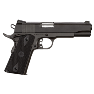 Black semi-automatic handgun with textured grip and metallic silver accents.