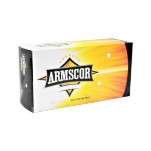 Armscor ammunition box with a yellow and orange gradient design, featuring a black and white logo.