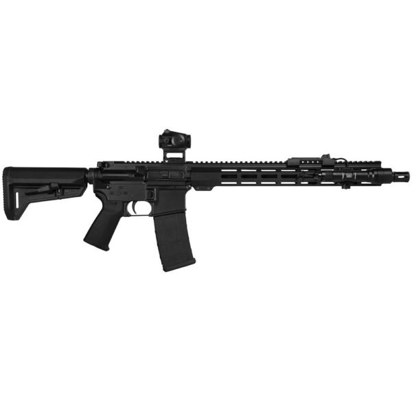 Black semi-automatic rifle with a tactical stock and magazine, featuring a red dot sight and rail system.