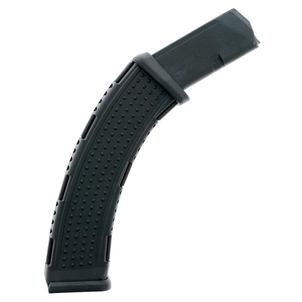 Black curved firearm magazine with textured grip detail, against a white background.