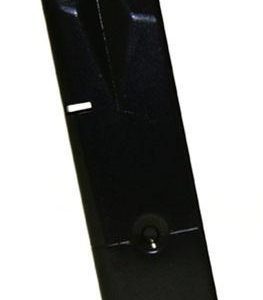 Black firearm magazine standing upright against a white background.