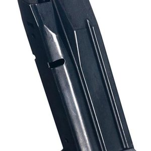 A black gun magazine with a sleek design and visible grooves.