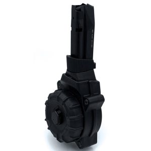 Black drum magazine for firearms, featuring a rugged circular design with a matte finish, suitable for guns and ammo enthusiasts in casey, iowa.
