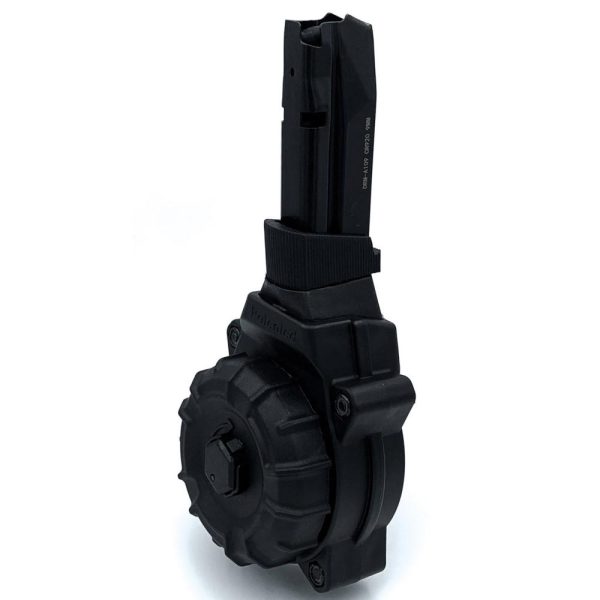 Black drum magazine for firearms, featuring a rugged circular design with a matte finish, suitable for guns and ammo enthusiasts in casey, iowa.