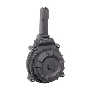 Black firearm drum magazine with hexagonal center detailing, designed for ammunition storage and usage.