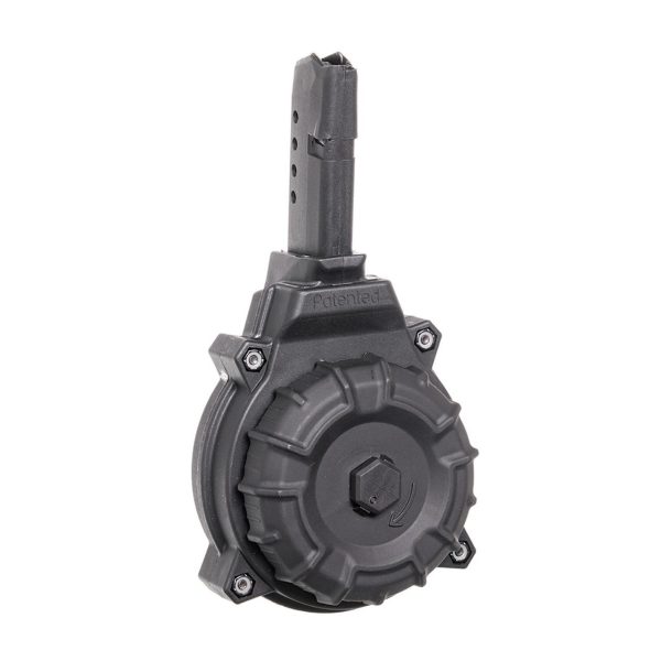 Black firearm drum magazine with hexagonal center detailing, designed for ammunition storage and usage.
