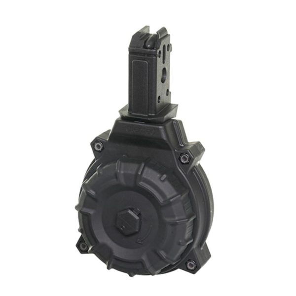 Black drum magazine for firearms with a round, ribbed body and angular top design.