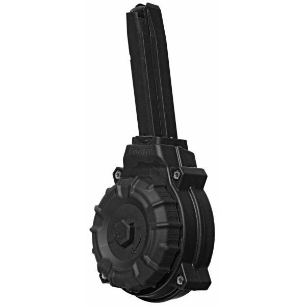 Black firearm drum magazine with a hexagonal pattern at the center, designed for high-capacity ammo storage.