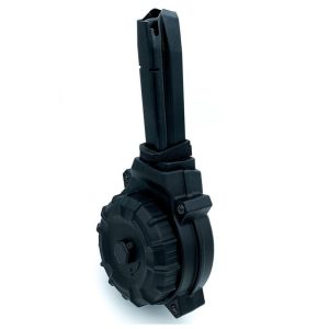 Black firearm drum magazine with a textured exterior, designed for high-capacity ammo storage, viewed from a slight angle.