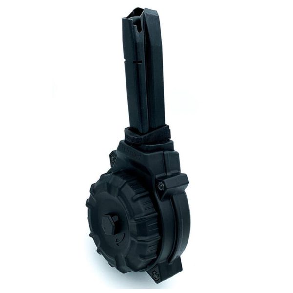 Black firearm drum magazine with a textured exterior, designed for high-capacity ammo storage, viewed from a slight angle.