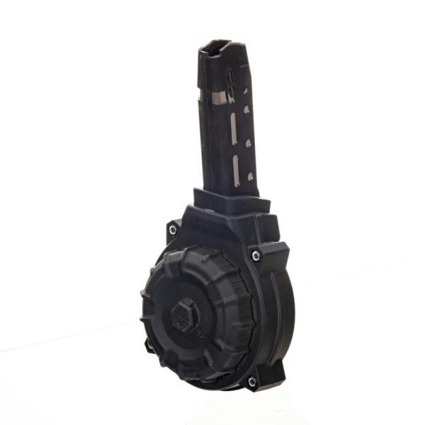 Black firearm drum magazine with a matte finish, isolated on a white background.