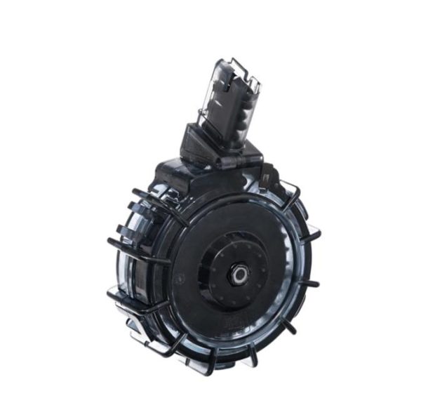 Black drum magazine with a circular design for firearms.