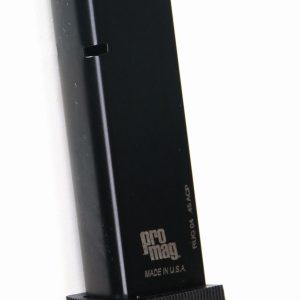 Black promag firearm magazine, marked "rug 04. 45 acp" and "made in u. S. A. "