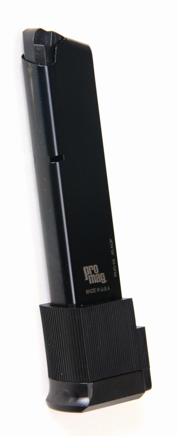 Black promag firearm magazine, marked "rug 04. 45 acp" and "made in u. S. A. "