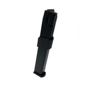 Black gun magazine standing upright on a white background.