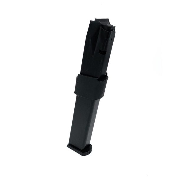 Black gun magazine standing upright on a white background.