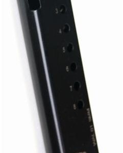 Black promag pistol magazine with numbered side holes for ammunition count.