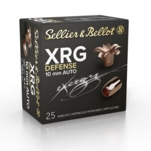 Sellier & bellot xrg defense 10mm auto ammunition box, black with gold and silver text, featuring an image of a copper bullet and expanded bullet on the front.